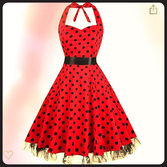 Retro 1950s Red & Black Polka Dotted Halter Dress - Picture 1 of 5